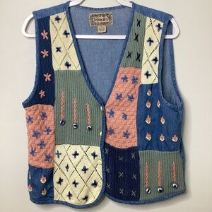 Tantrum Blues Vintage Denim Vest Crochet Basketweave Flowers Large Grandma